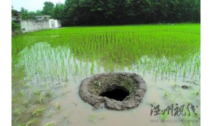 四川成都大邑縣田間現“天坑” 深度達5米(圖)