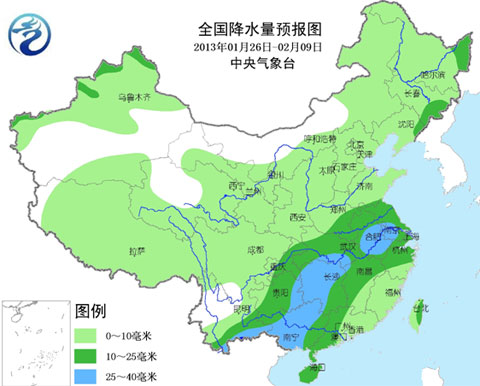 2013年1月26日至2月9日全國降水量預報圖