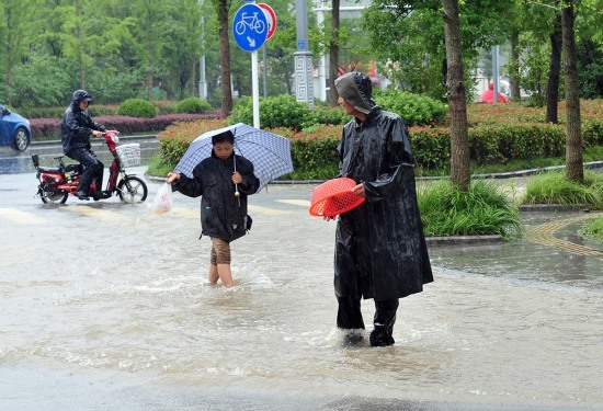 江蘇揚州遭遇暴雨：揚州暴雨公路撈魚。